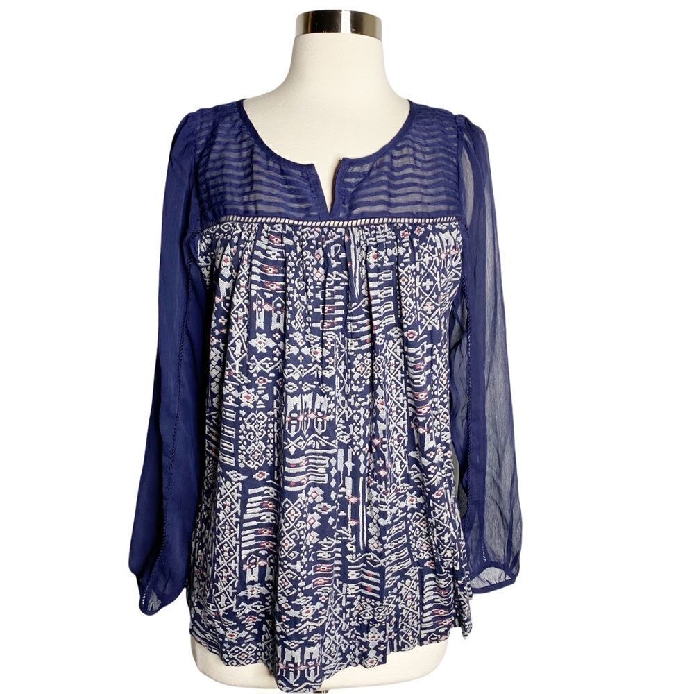 Lucky Brand Navy Sheer Yoke Boho Blouse • Small • Sheer Sleeves & Geo Panel
